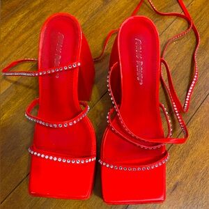 PUBLIC DESIRE FAUX LEATHER RED DIAMANTE LACE UP BLOCK SQUARE PLATFORM HEELS SZ 7